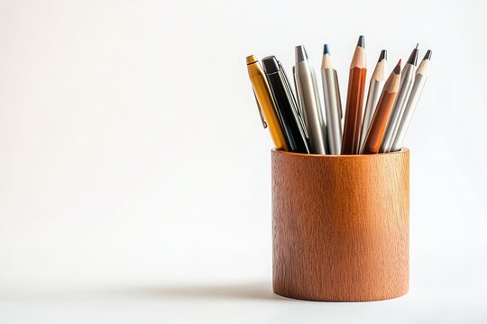 Assortment of pens and pencils neatly arranged in a wooden holder against a white backdrop.