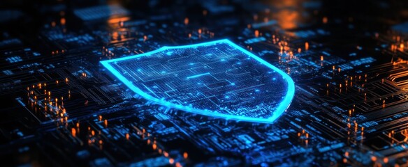 Digital Shield Icon on Futuristic Circuit Board Cyber Security Data Protection Privacy Network Safety