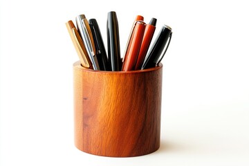 Several pens of different colors and designs are neatly arranged in a cylindrical wooden holder.