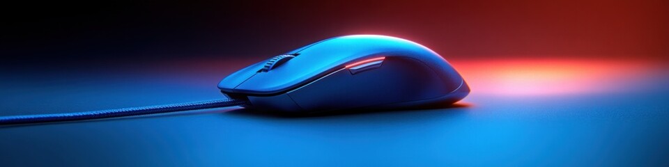 Blue computer mouse with cable forming the word Support minimalist design technology help service connection