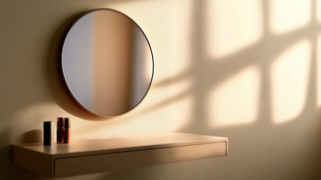 Sunrise makeup vanity mirror, sunlight, minimalist interior