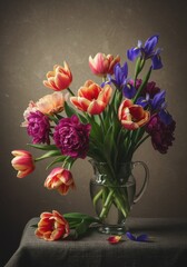 Fototapeta premium Colorful Spring Bouquet of Tulips Irises and Peonies in Glass Vase