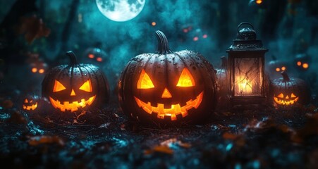 Naklejka premium Glowing Jack o Lanterns in Foggy Forest with Full Moon and Vintage Lantern Halloween Scene