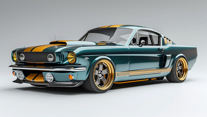 Teal Mustang Car with Gold Stripes and Trim on White Background, Detailed Rendering