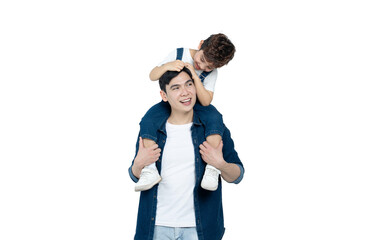 Fototapeta premium portrait of asian father and son posing on background