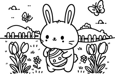 Easter Bunny Rabbit and Egg Delight. Coloring Book Page. Cartoon Illustration.	