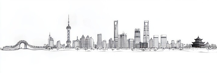 Minimalist China Skyline Line Art with Great Wall Pagoda and Modern Buildings Black Ink on White Background
