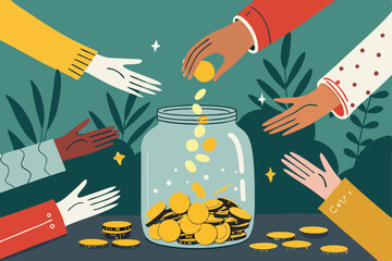 Illustrative scene of diverse hands dropping coins into a transparent crowdfunding jar, symbolizing collective donation and financial support.
