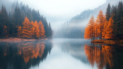 Fototapeta premium Autumn mist over lake with vibrant trees