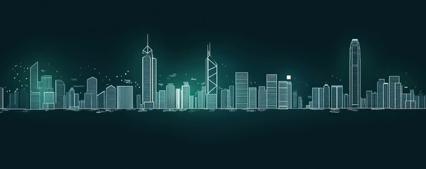 Fototapeta premium Minimalist Hong Kong Skyline Single Line Art Dark Green Background