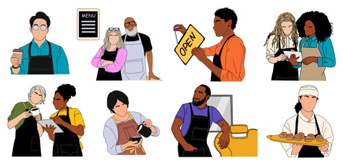Set of diverse people working at small business vector outline colored illustrations. Collection of owners small barber shop, cafe, store, bakery, pottery services isolated on transparent background