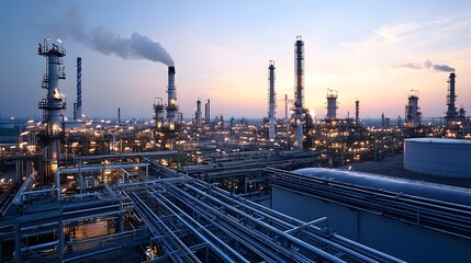 Obraz premium Expansive industrial landscape featuring a massive oil refinery complex with multiple large storage tanks and tall chimneys emitting light steam