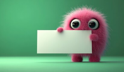 Fototapeta premium Cute fluffy pink monster with big eyes holding blank white sign 3d cartoon animal character minimalistic vibrant green background playful
