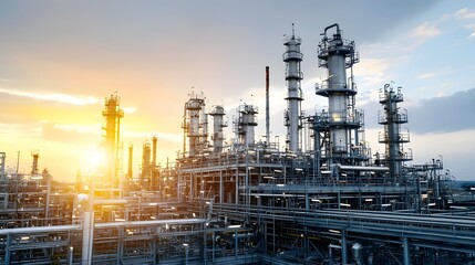 Aerial view of a vast and modern petroleum processing plant with numerous storage tanks towers and other industrial equipment set against a dramatic sunset sky backdrop