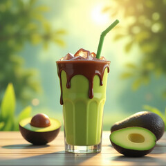 generative ai, A glass of thick and smooth avocado juice served cold, with a tempting soft green color. On top, sweet chocolate sauce flows slowly, forming an appetizing pattern. Ice cubes that are st
