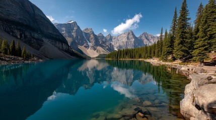 Serene Mountain Lake Reflection Banff National Park Landscape Photography Tranquil Nature Panoramic View Peaceful Concept