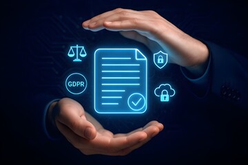 Digital Compliance and Data Security Concept with Holographic Document and Protective Hands&rdquo;