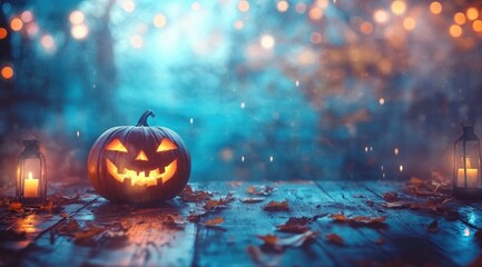 Obraz premium Halloween Glowing Pumpkin on Wooden Table with Lanterns and Bokeh Lights