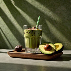 generative ai, A glass of thick and smooth avocado juice served cold, with a tempting soft green color. On top, sweet chocolate sauce flows slowly, forming an appetizing pattern. Ice cubes that are st