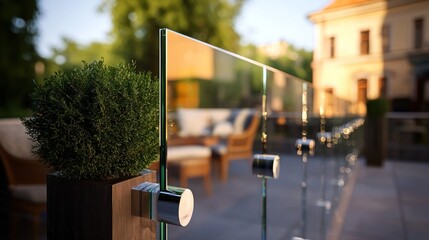 Outdoor glass railing, patio furniture, garden, sunset view