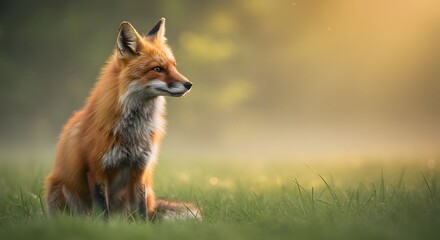 A serene portrait of a red fox perched in a verdant meadow at golden hour