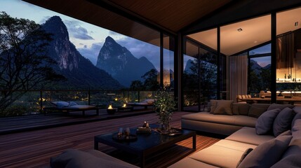 Fototapeta premium Mountain View Modern Living Room Evening