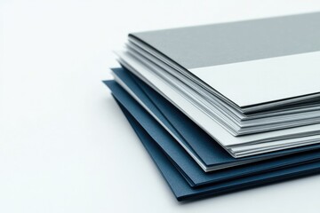 A stack of papers in shades of blue and grey, showcasing various thicknesses and textures.