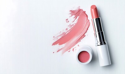 A vibrant pink lipstick rests against a white background, showcasing its broken stick and soft pastel smudges of red and purple 