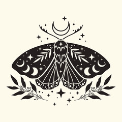 Black moth vector illustration. For print for T-shirts and bags, decor element. Mystical and magical, astrology illustration