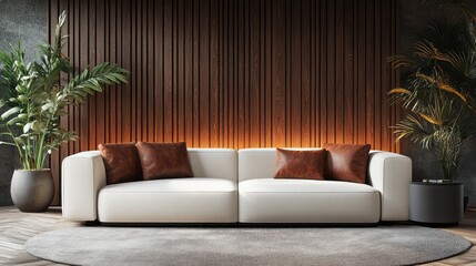 Modern living room features white sofa plants and wooden wall