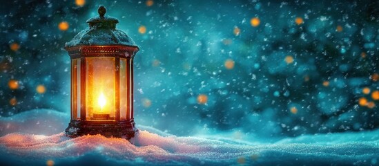 Magical Winter Lantern Glowing Snowy Night with Teal and Golden Light