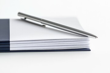 Naklejka premium A silver pen rests on a navy blue notebook filled with blank white pages, ready for writing or note-taking.