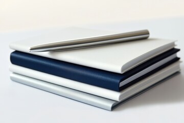 A silver pen rests atop a stack of notebooks in varying shades of white and blue.