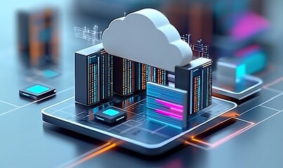 A infographic that represents the transfer of a server from one data center to another to support real world operations cloud computing , 
