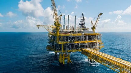 Offshore oil platform processing and producing crude oil in the middle of a deep blue ocean surrounded by waves and the horizon line