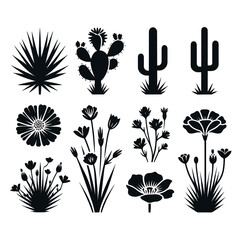 Silhouette vector logo set of desert flowers including cactus flower, agave bloom, yucca flower, desert marigold, and prickly poppy in black on white background, minimalist icon logo style 