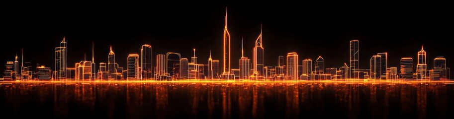 Fototapeta premium Minimalist Chicago Skyline Neon Orange Lines on Black Background Futuristic Urban Cityscape