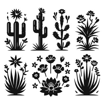 Silhouette vector logo set of desert flowers including cactus flower, agave bloom, yucca flower, desert marigold, and prickly poppy in black on white background, minimalist icon logo style 