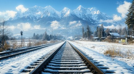 Naklejka premium Snowy train tracks through mountains
