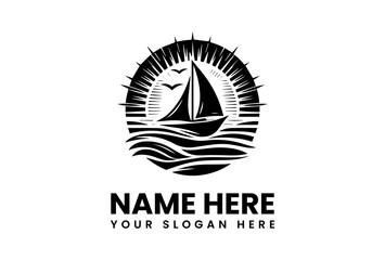 Detailed Sailboat and Celestial Bodies Silhouette. Classic Indonesian Nautical Motif