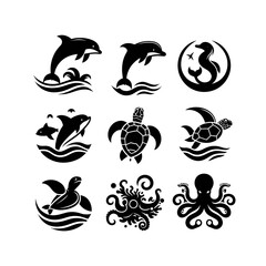 Silhouette vector logo set of ocean animals including dolphin, whale, shark, sea turtle, and octopus in black on white background, clean modern icon design 