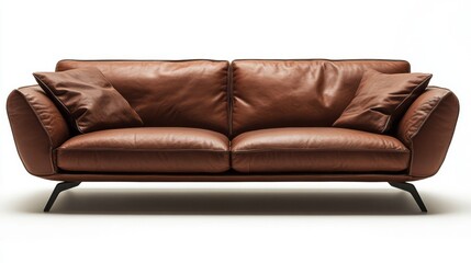 Obraz premium Luxurious brown leather sofa with pillows isolated against white background