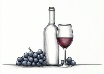 Fototapeta premium Minimalistic continuous one line drawing of wine bottle glass and grape bunch modern simple vector illustration