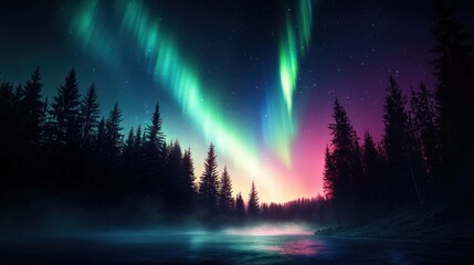 Obraz premium Northern Lights over winter forest by a river