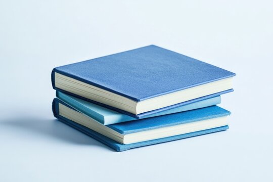 A stack of three blue hardcover books rests on a pale blue background.