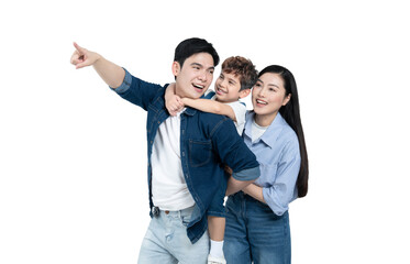 portrait of an asian family posing on a white background