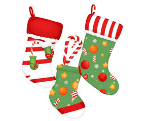 Festive Trio, A Cheerful Illustration of Christmas Stockings Overflowing with Holiday Treats and Decorations Bringing Joyful Anticipation