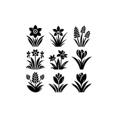 Silhouette vector logo set of spring flowers including daffodil, crocus, snowdrop, hyacinth, and magnolia in black on white background, clean vector design