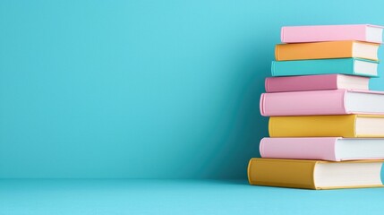 Fototapeta premium Stack of colorful books on light blue background