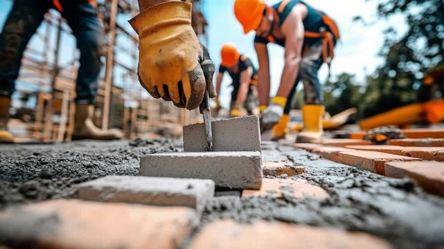 Building Brick by Brick: Construction workers diligently lay bricks, meticulously building a foundation of progress. Focus on teamwork, determination, and the tangible fruits of labor.